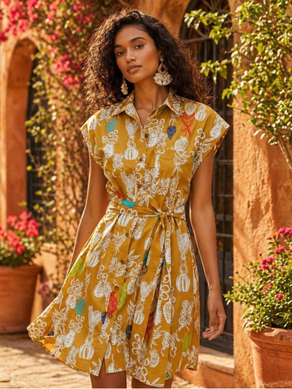 Anthropologie Maeve Toni Tunic Dress Gold Pockets Tie Waist Size Large